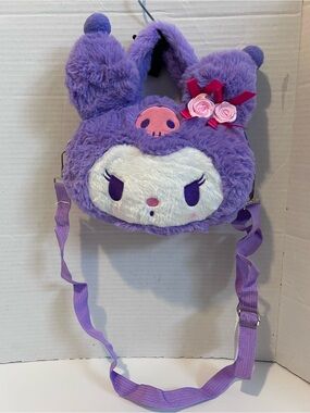 Purple KUROMI Crossbody plush Bag with Flower Accent